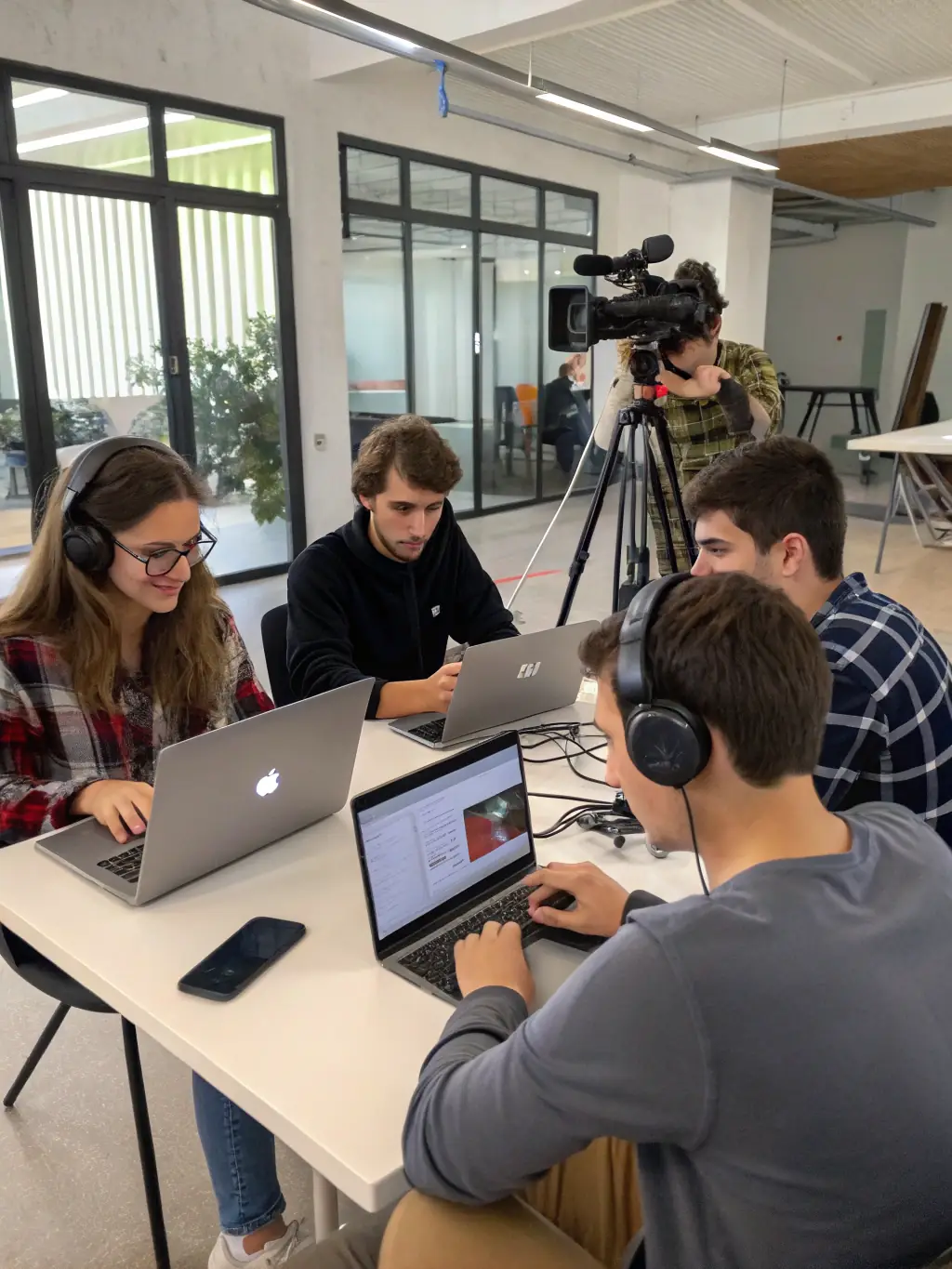 A photograph capturing a diverse group of participants actively engaged in a SONART audiovisual content creation workshop, showcasing hands-on learning and collaborative teamwork.