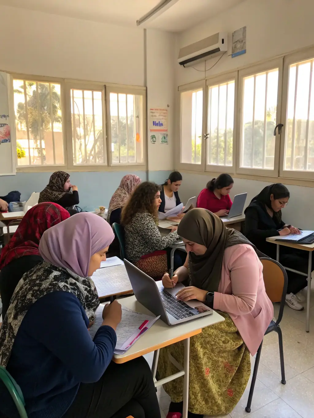 A photograph of a SONART digital literacy program in action, showing participants of various ages learning essential digital skills, bridging the digital divide and promoting equal access to information.