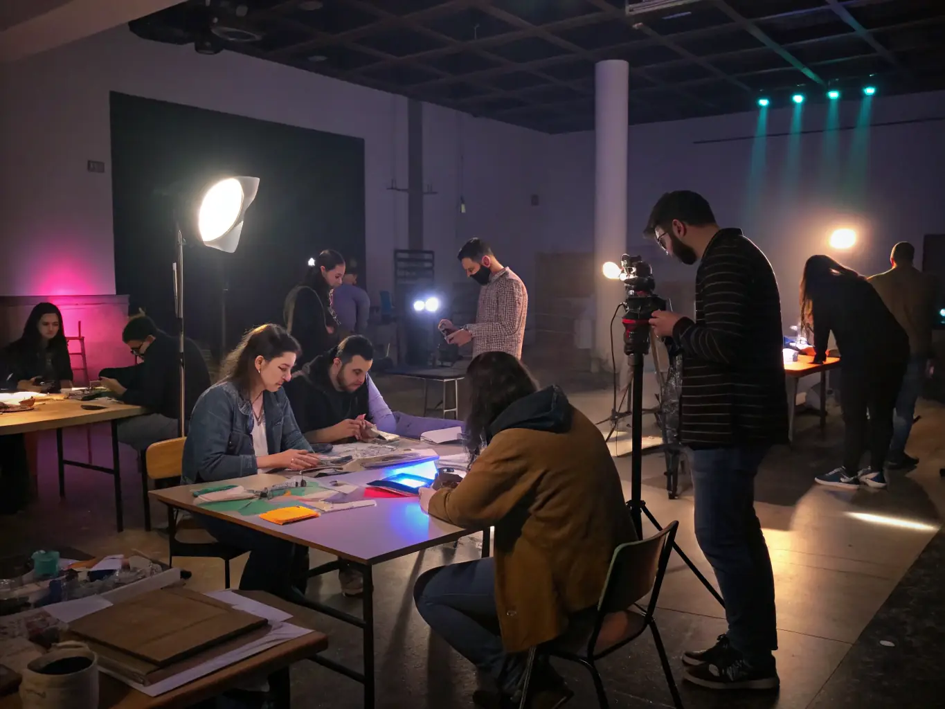 A vibrant image depicting a SONART workshop where participants are actively engaged in creating audiovisual content, showcasing the organization's commitment to democratizing access to modern communication tools.