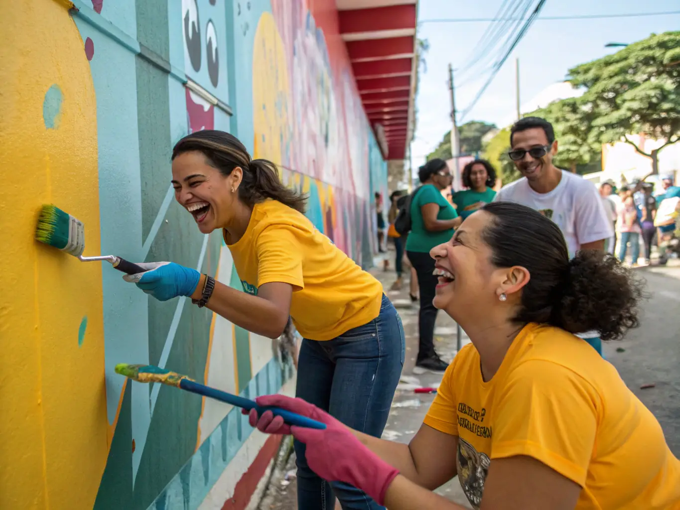 An image showing SONART volunteers working on a community project, such as creating a mural or setting up a public art installation, emphasizing the organization's dedication to community engagement and empowerment.